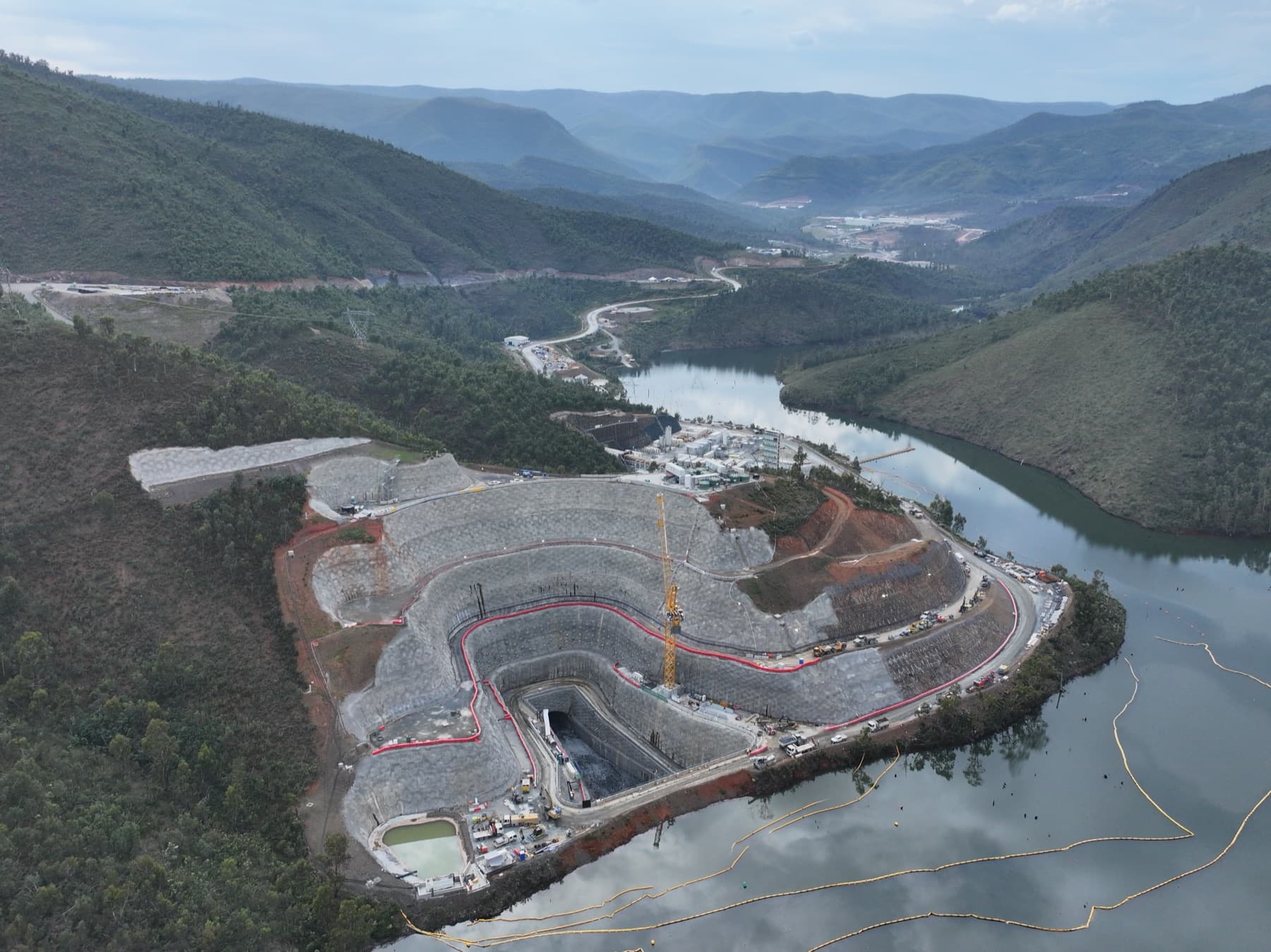 Aerial view of the Snowy 2.0 works at Talbingo, beside the reservoir