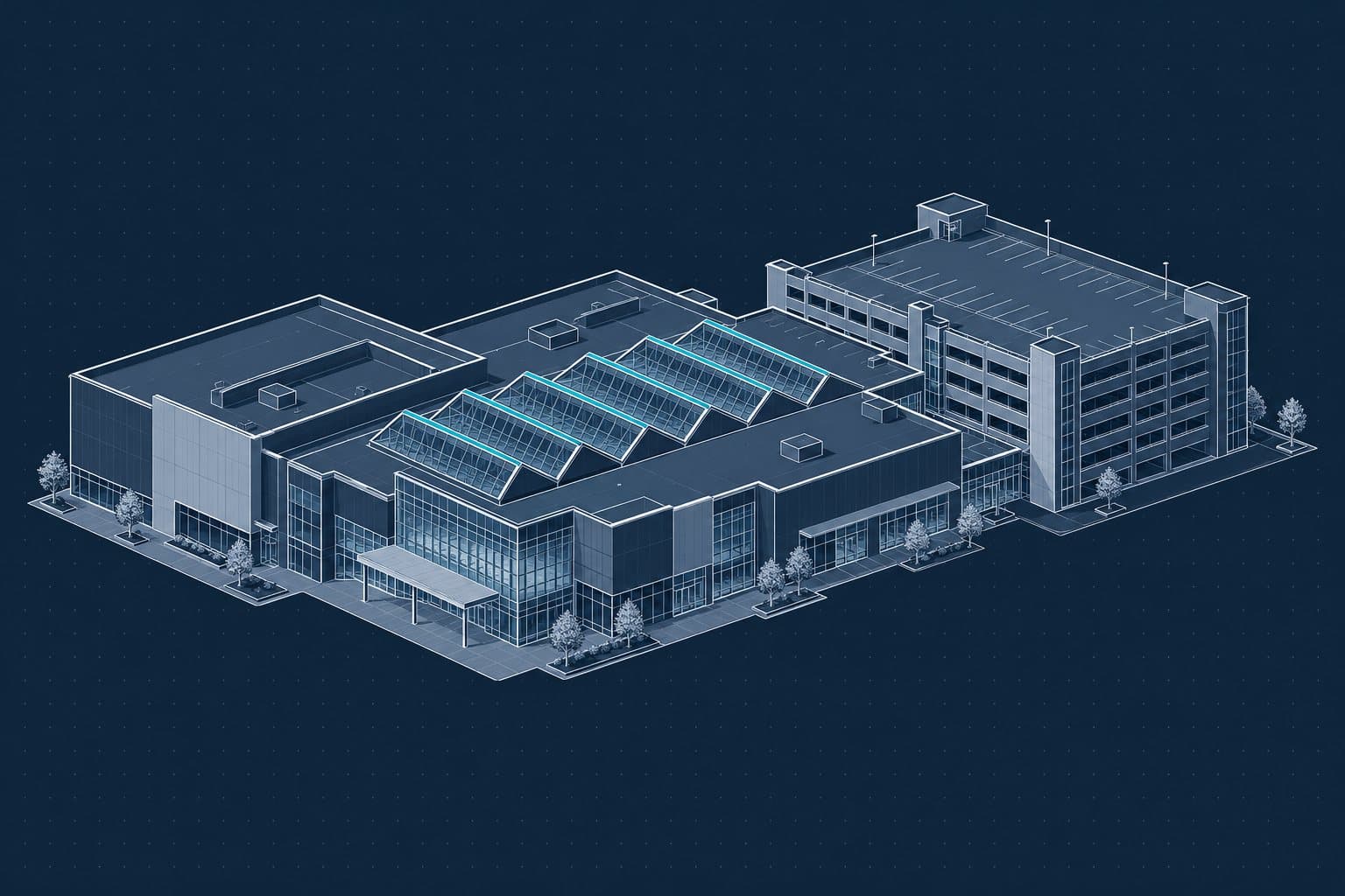 Illustration of a shopping centre with a multi-level car park, drawn in navy linework