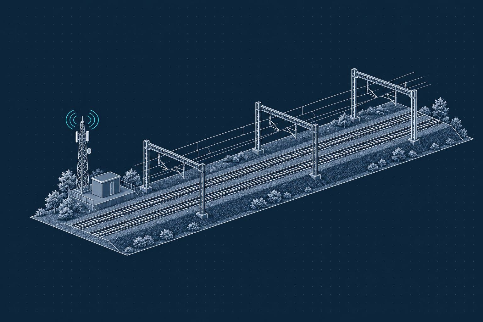 Illustration of an electrified rail corridor with a radio mast, drawn in navy linework