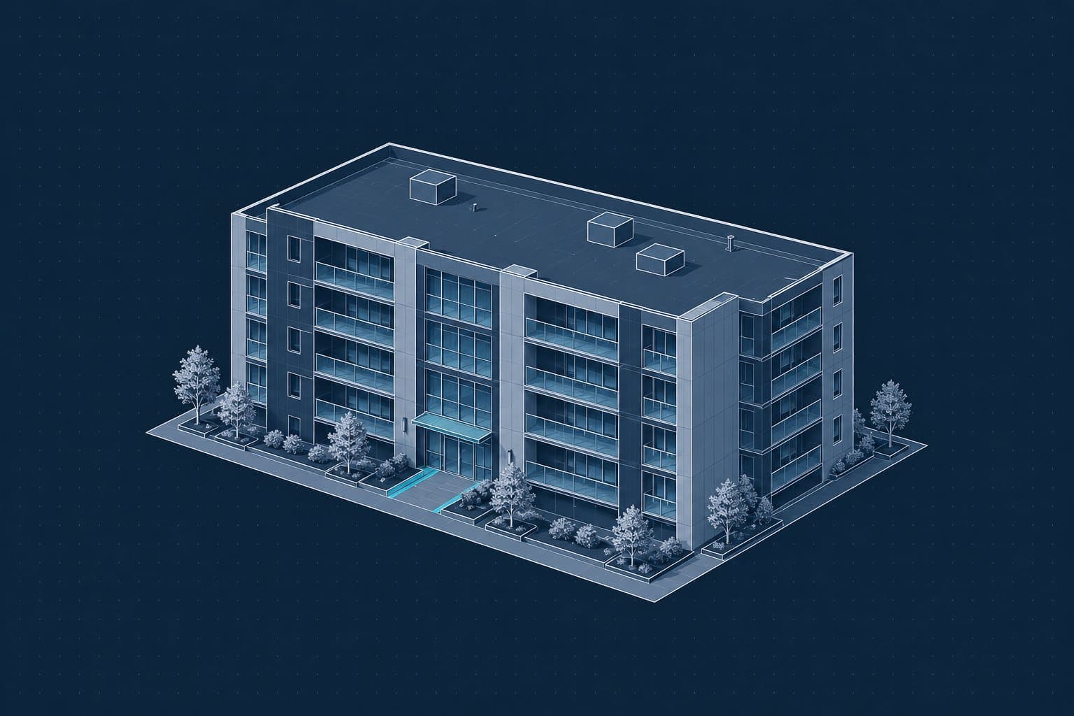 Illustration of a multi-storey residential building, drawn in navy linework
