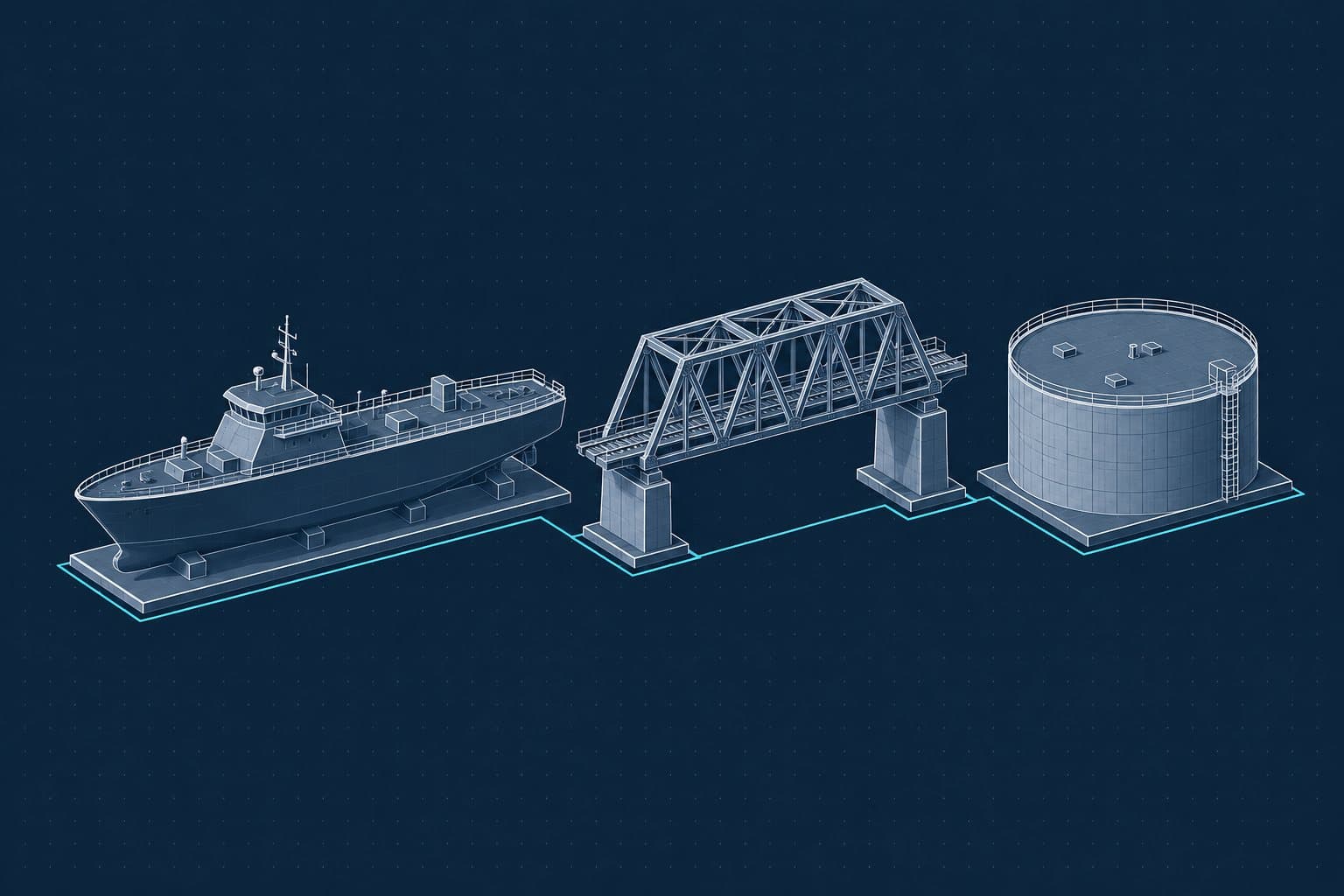 Illustration of a naval vessel, a rail truss bridge and a water tank, drawn in navy linework
