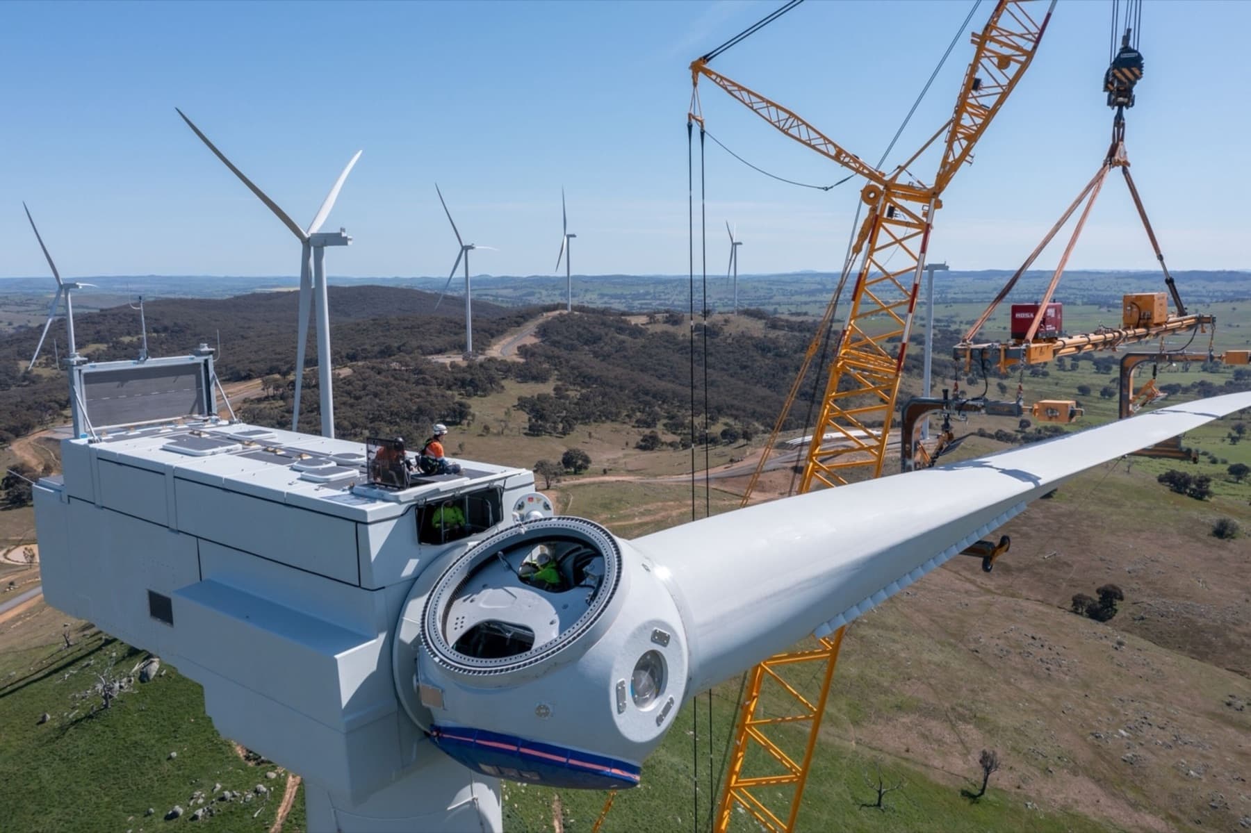 Turbine blade being lifted into place at Bango Wind Farm